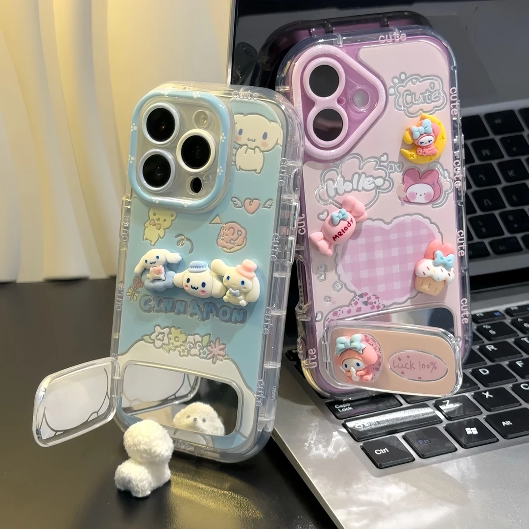 可爱美乐蒂玉桂狗镜子支架适用苹果16手机壳15小米14vivo华为oppo