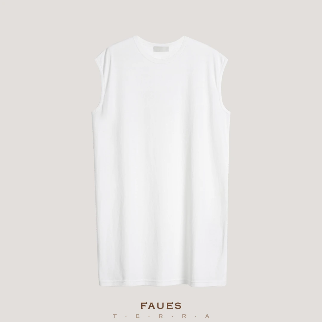 FAUES 纤凝栀白 强捻棉极简落肩袖侧开扣设计长款针织T恤