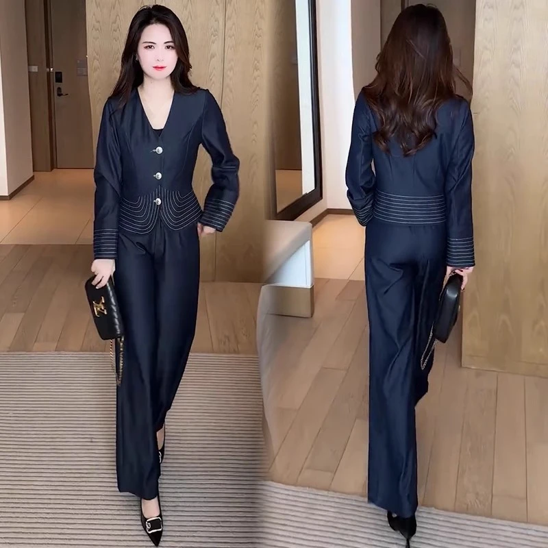 气质牛仔套装女2025春季新款洋气显瘦减龄休闲上衣阔腿裤两件套潮