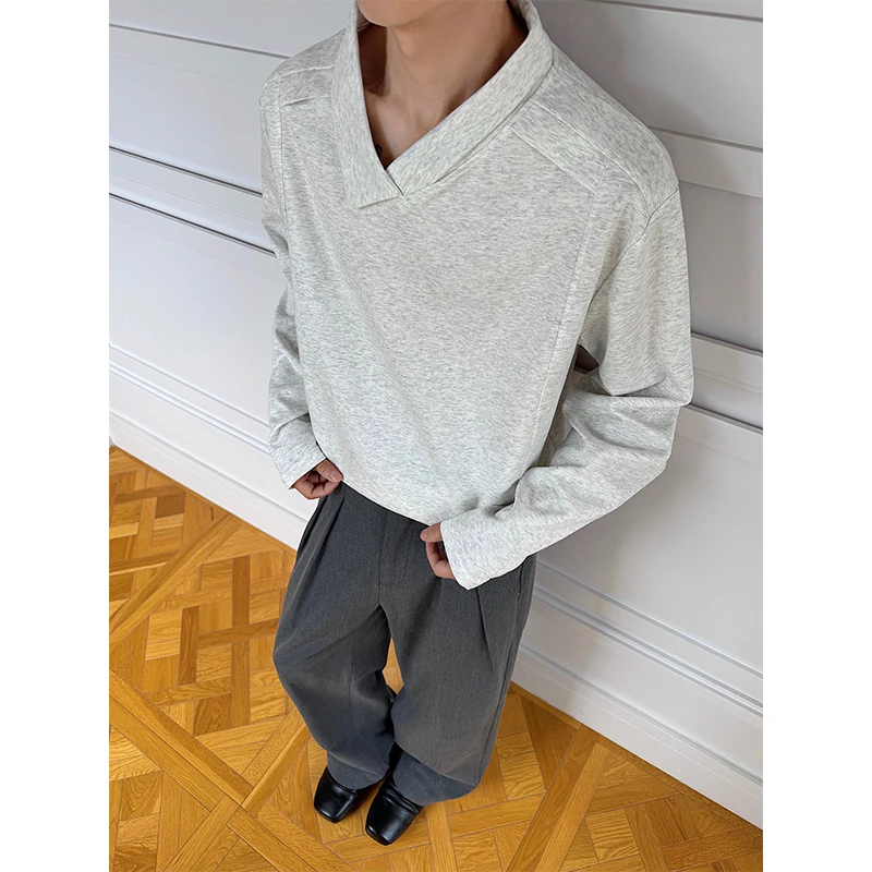 不规则POLO翻领长袖T恤男款秋季美式cleanfit复古白花灰解构卫衣