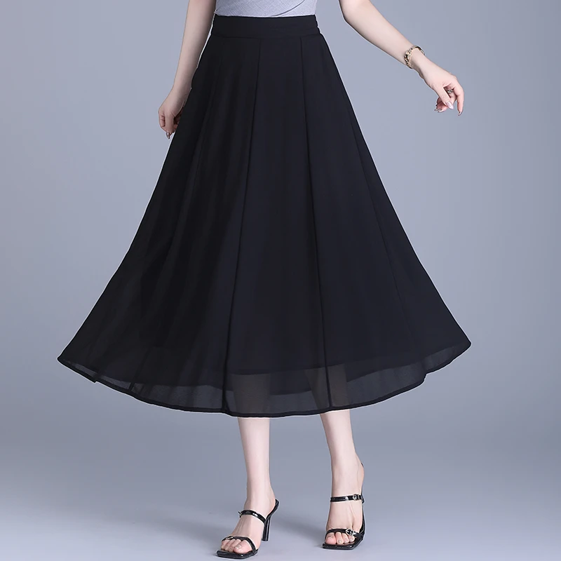 雪纺a字裙半身裙夏2025新款高腰显瘦遮胯中长款大摆百褶长裙垂感