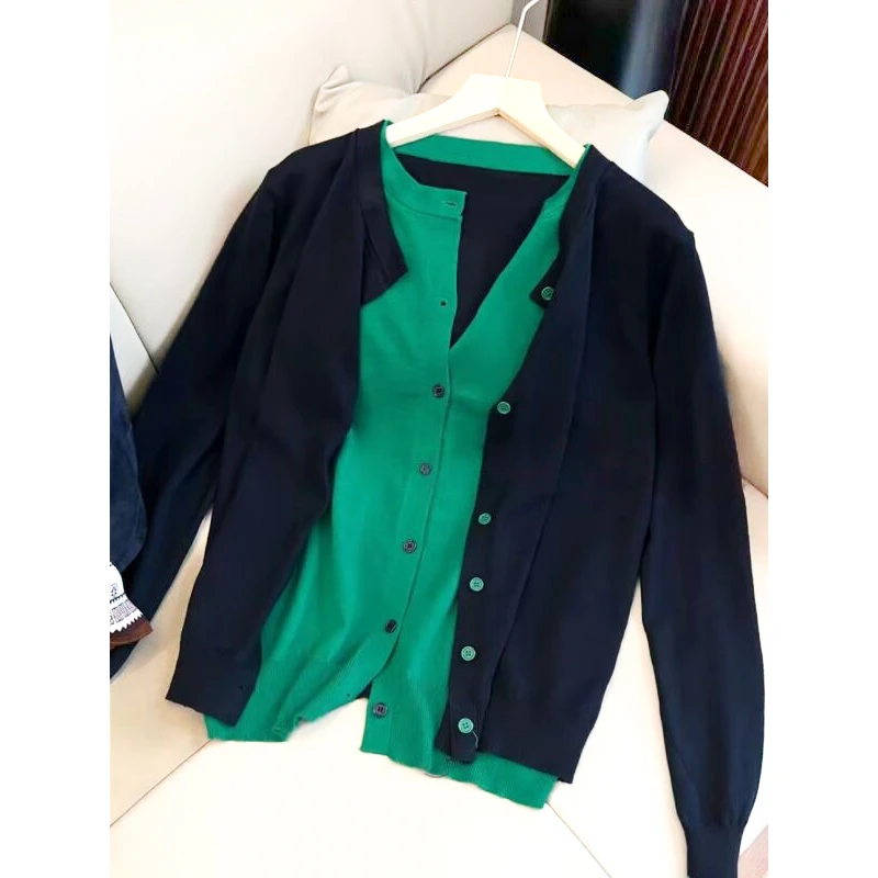 美爆了！法式轻奢撞色圆领针织开衫女早秋新款时尚拼接假两件上衣