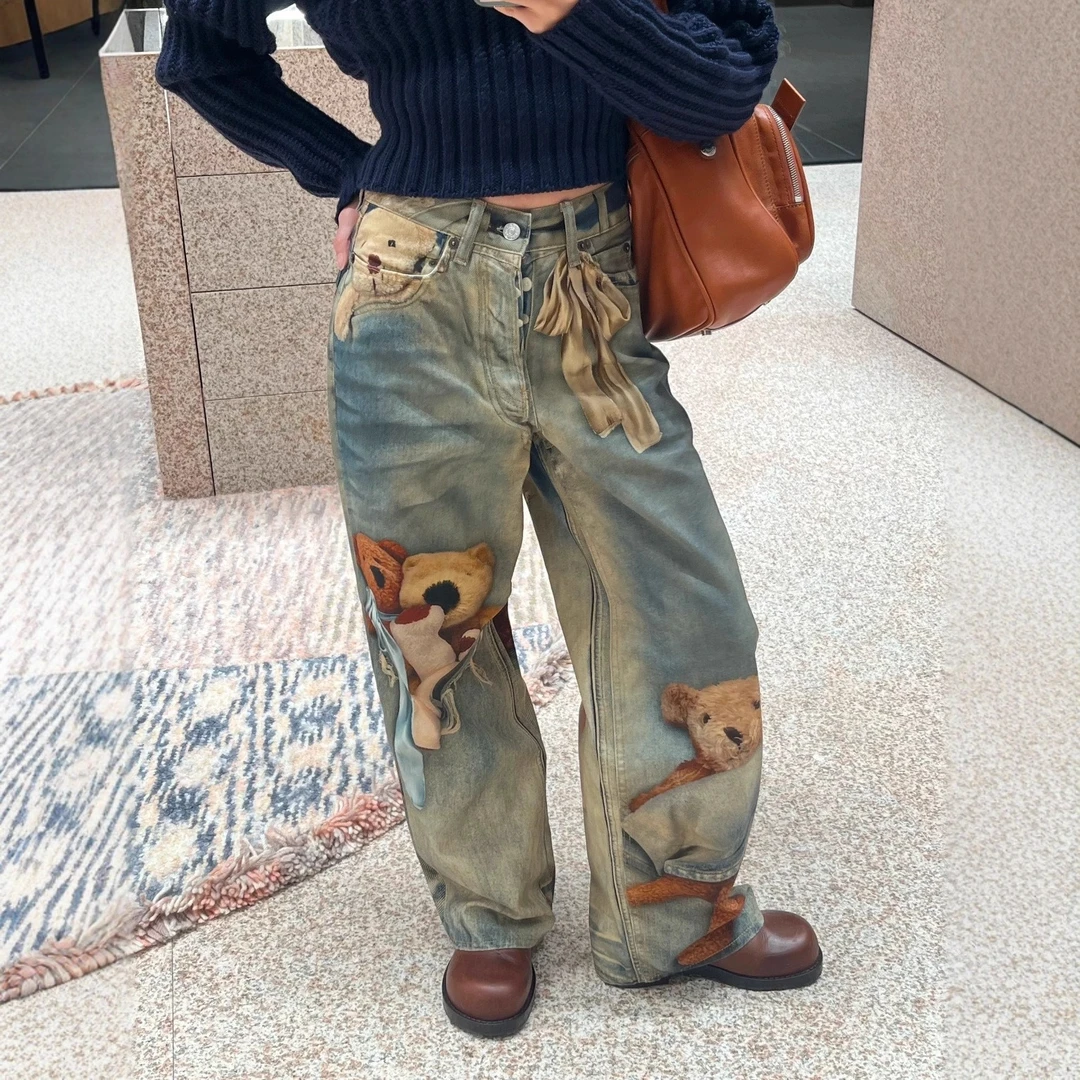 正确版ac2025年秋冬小众设计感小熊错视印花宽松直筒牛仔裤女