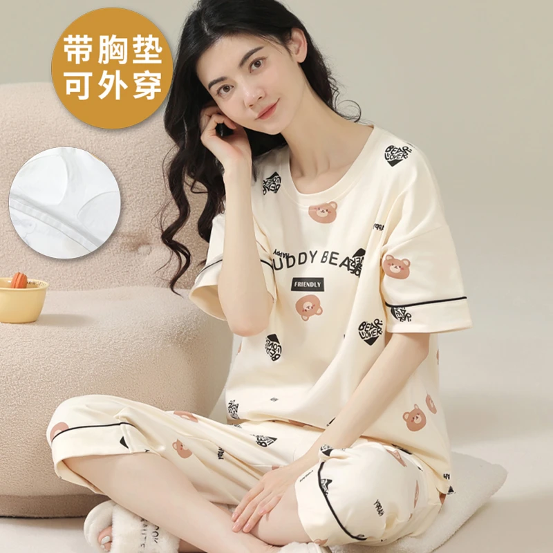 睡衣女夏季带胸垫一体短袖七分裤卡通风防凸点家居服套装2025新款