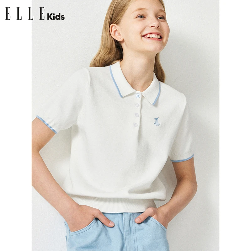 ELLE DIKS学院风百搭“微泡泡”领polo套头短袖毛衣C1