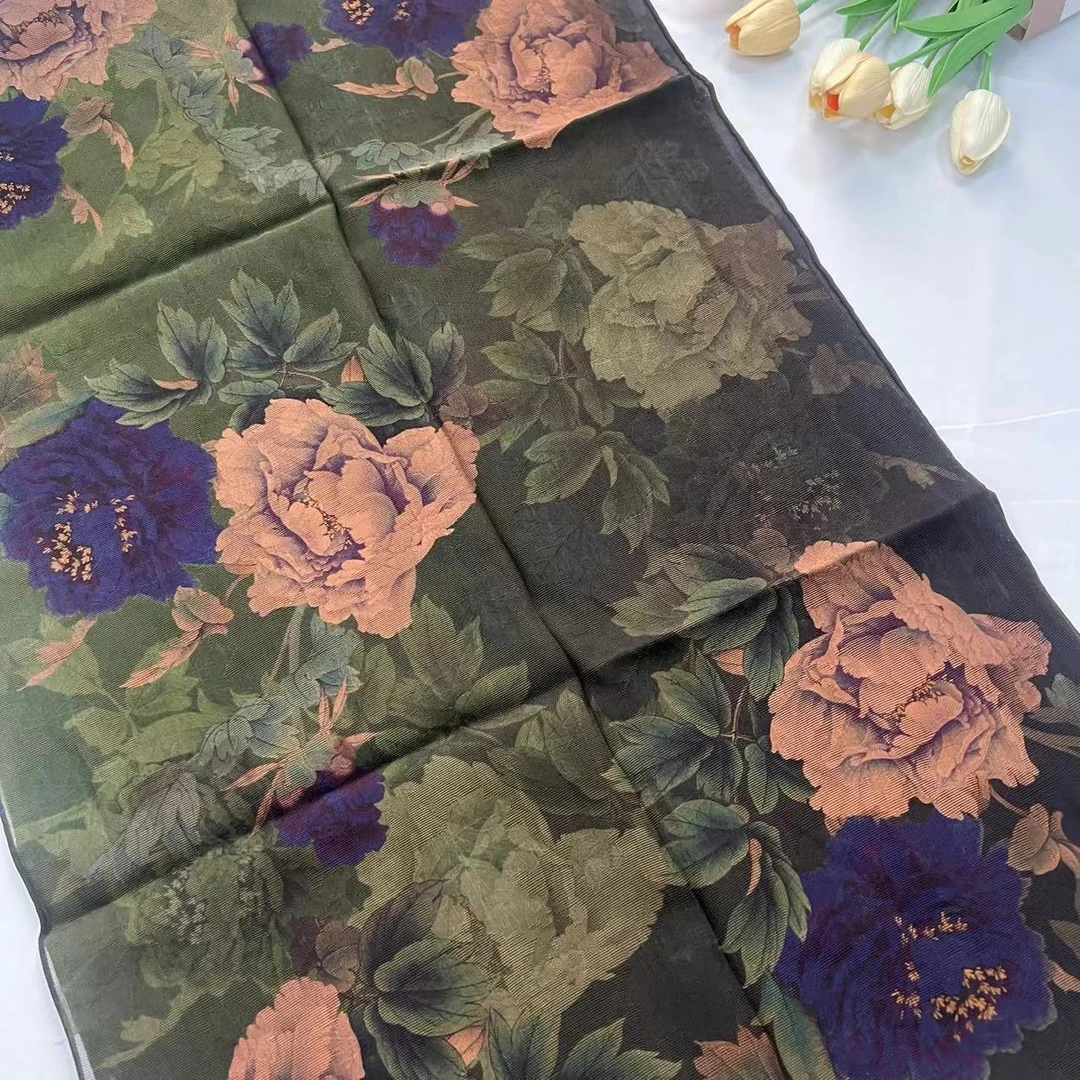 香云纱长巾-绿叶花枝 四经绞罗丝巾  014