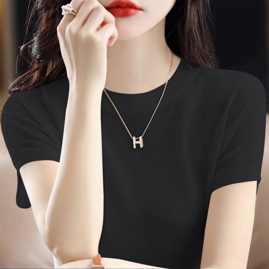 2025年夏季新款女装宽松显瘦短袖针织衫薄款纯色圆领气质T恤上衣