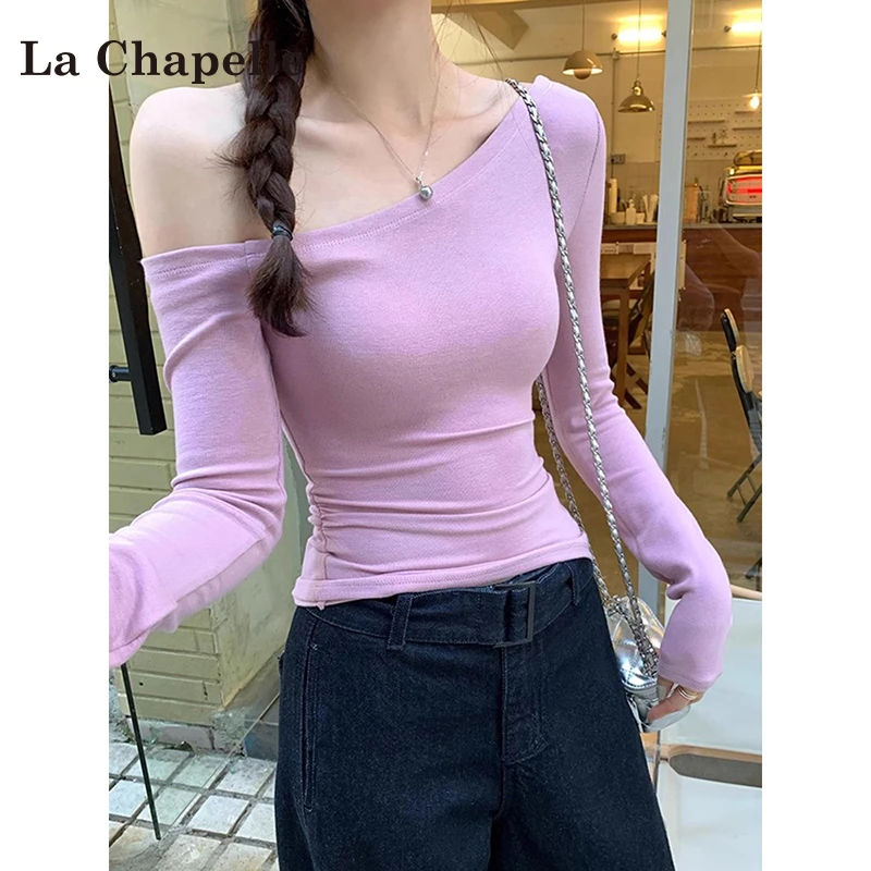 拉夏贝尔紫色斜领长袖t恤女纯欲早秋2025新款修身辣妹打底衫上衣