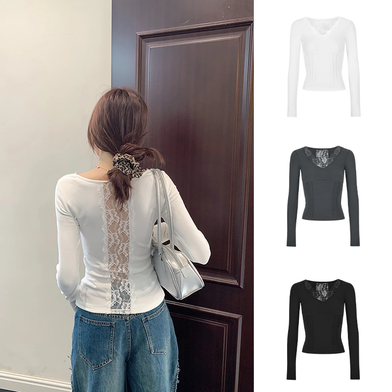 Moses Queen/魔西女王纯欲蕾丝后背拼接V领T恤女修身显瘦长袖上衣
