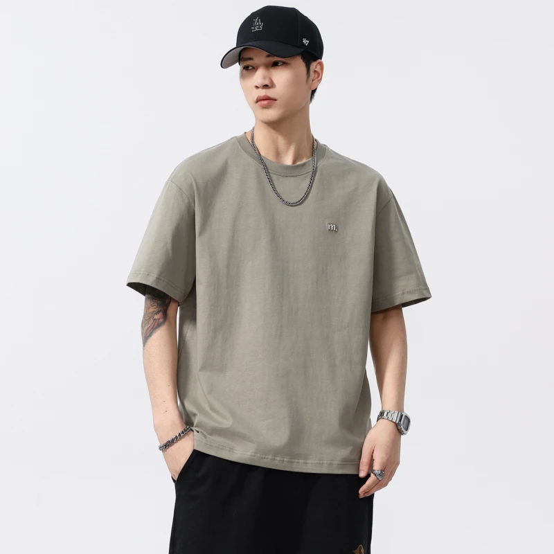 新百伦时尚简洁短袖T恤男士杏色2025年夏季新款宽松复古半袖体恤