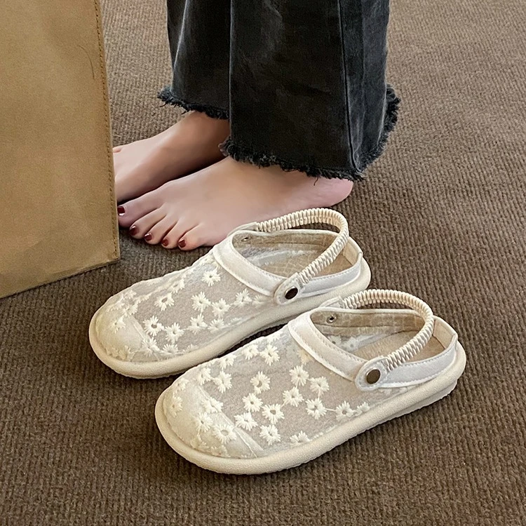 韩版蕾丝凉鞋时装凉鞋一字式扣带包头外穿碎花平底网面软底夏季