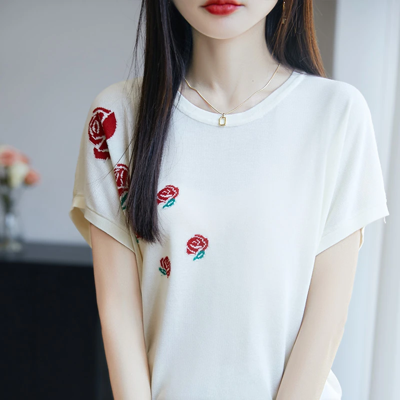 2025年夏季新款莱赛尔圆领针织衫短袖T桖女刺绣玫瑰套头上衣273