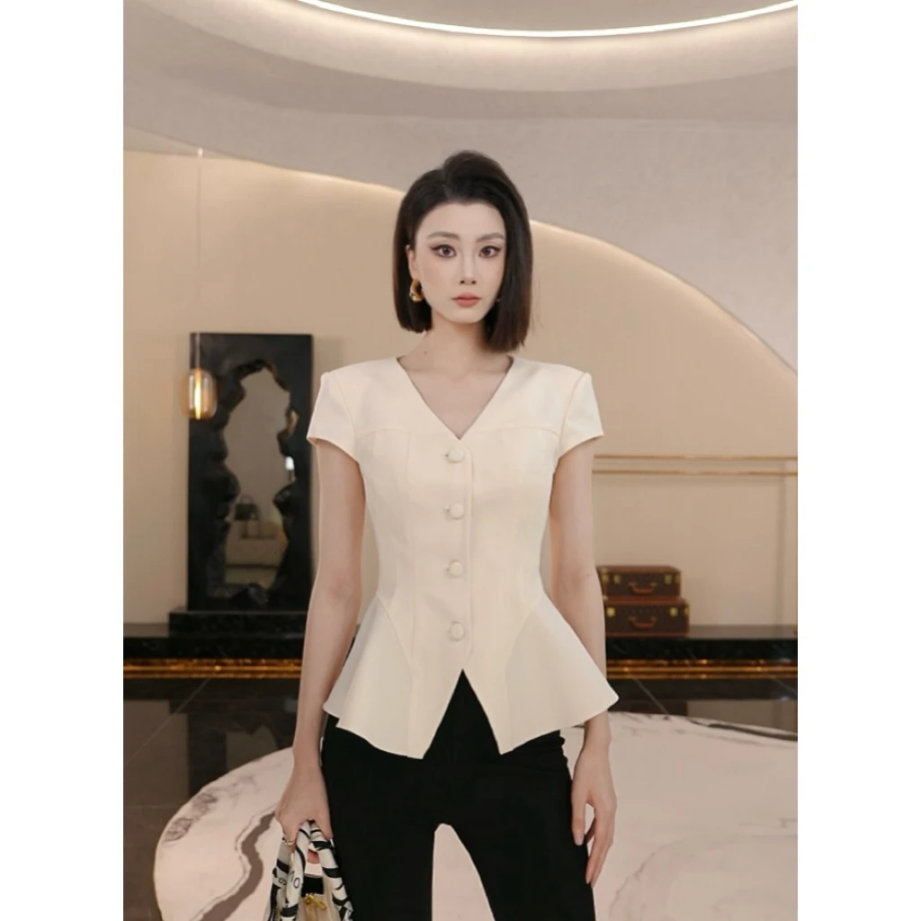 【琦哥专属】精简主义摩登优雅设计感V领衬衫立裁收腰上衣11602