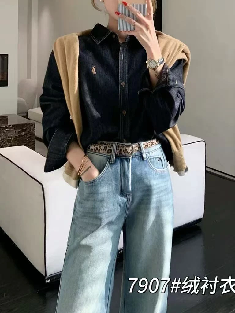 【沐禾】2025刺绣复古港风牛仔长袖厚款衬衫宽松外套 衣长66 GZ