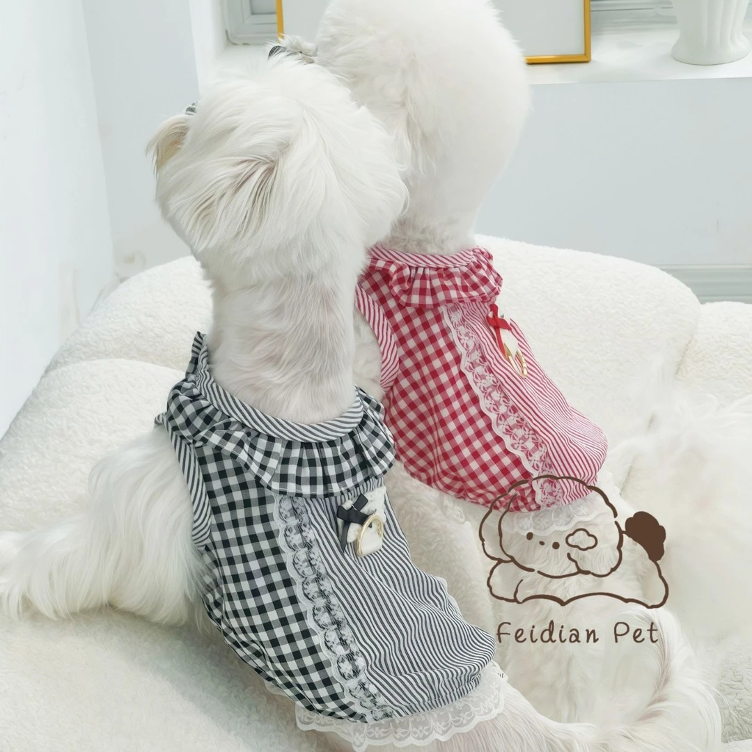 春夏新款25D字扣花边条纹格子拼接裙比熊马尔济斯薄款出行