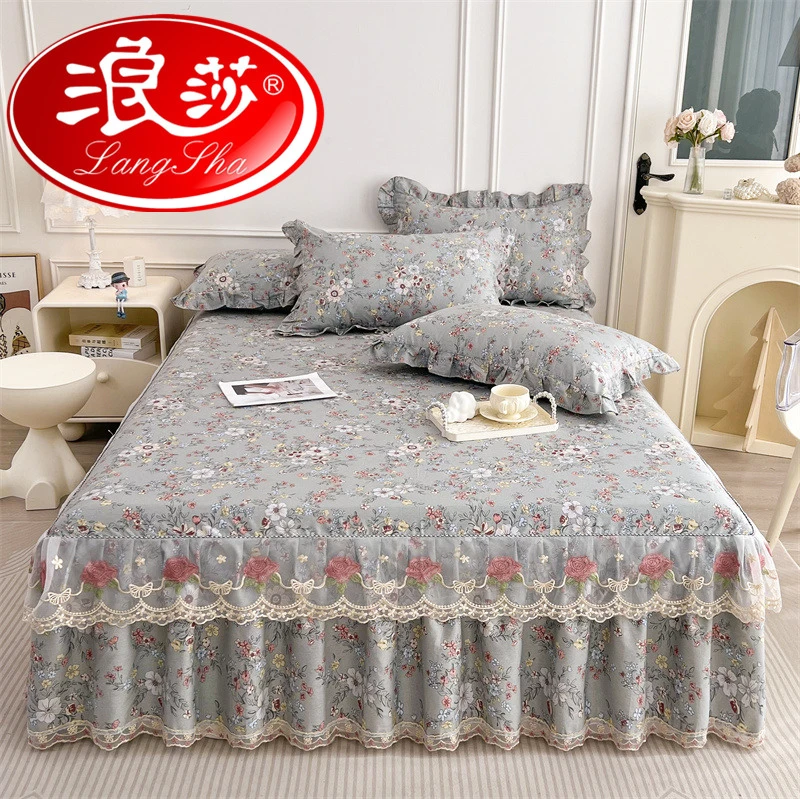 浪莎全棉蕾丝花边单件床裙2025新款小碎花纯棉被套床罩三四件套