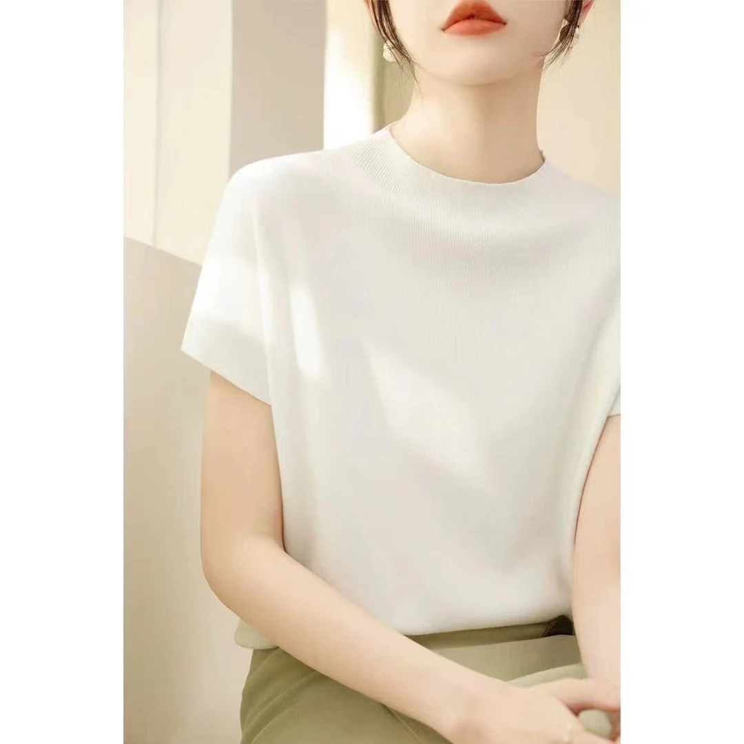 白色半高领宽松别致上衣女夏季新款包肩袖遮肉神器百搭短袖针织衫