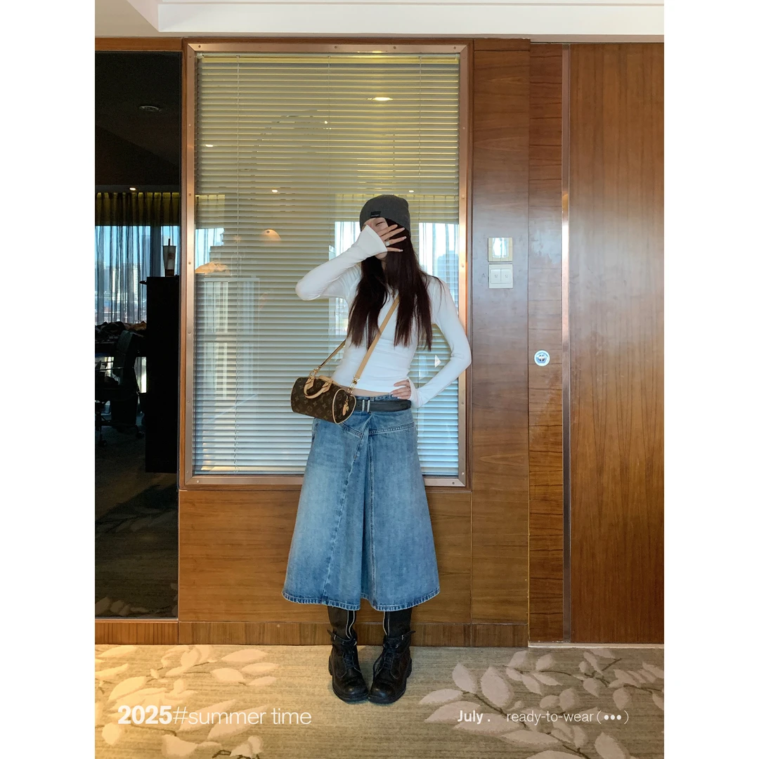 SUNONEONE 不规则复古牛仔半身裙女夏秋中裙宽松显瘦裙子H1100Q