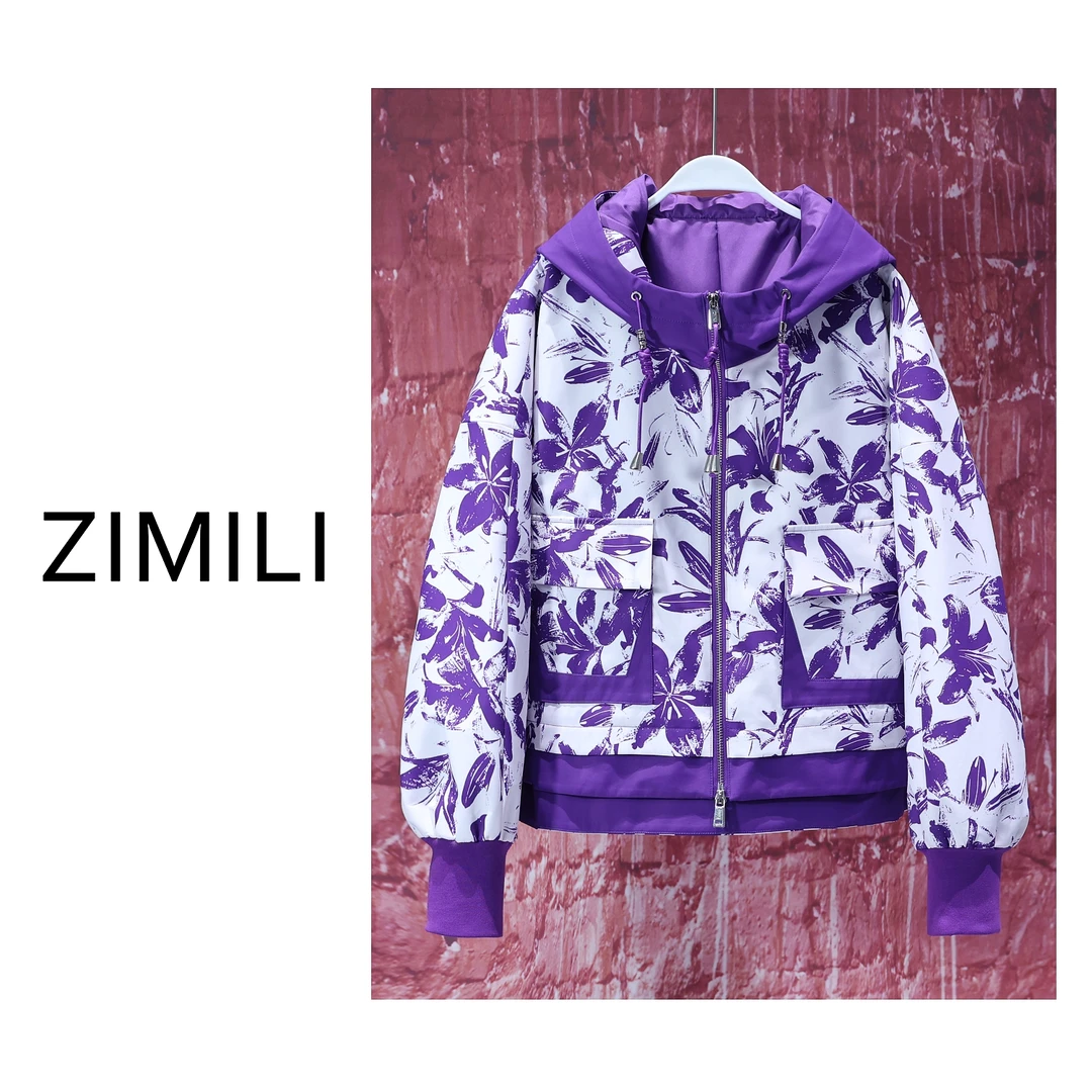 【亮哥女装】2025春款暗夜紫花朵满印优雅知性连帽外套6201