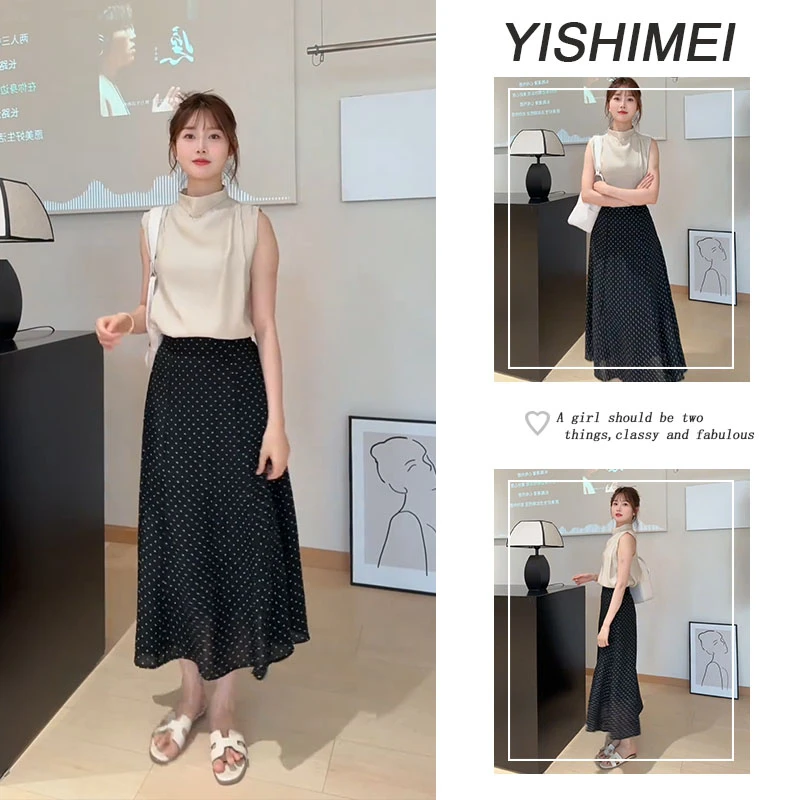 2025新款女装夏季高级感法式气质立领无袖上衣波点中长半身裙套装