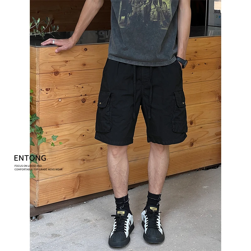 Entong美式潮牌宽松复古抽绳夏季薄款五分工装裤男直筒休闲短裤子