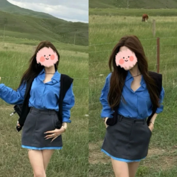 2025早秋新款时尚洋气韩系百搭通勤衬衣披肩高腰西装半裙三件套