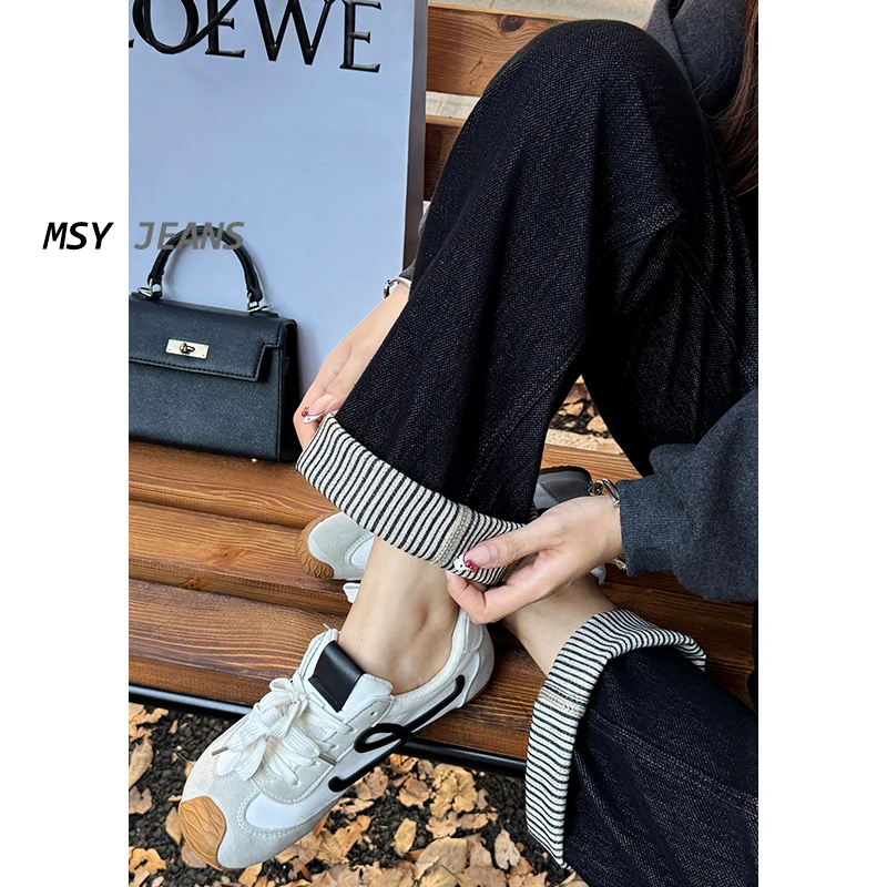 美思源翻边条纹牛仔裤女款秋季2025新款深色高端显瘦直筒阔腿裤子