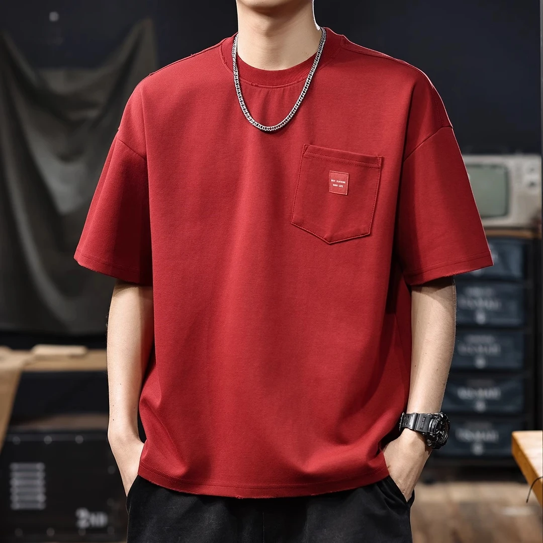 300g重磅水洗厚款口袋款短袖T恤男2025夏季新款纯色百搭男款半袖