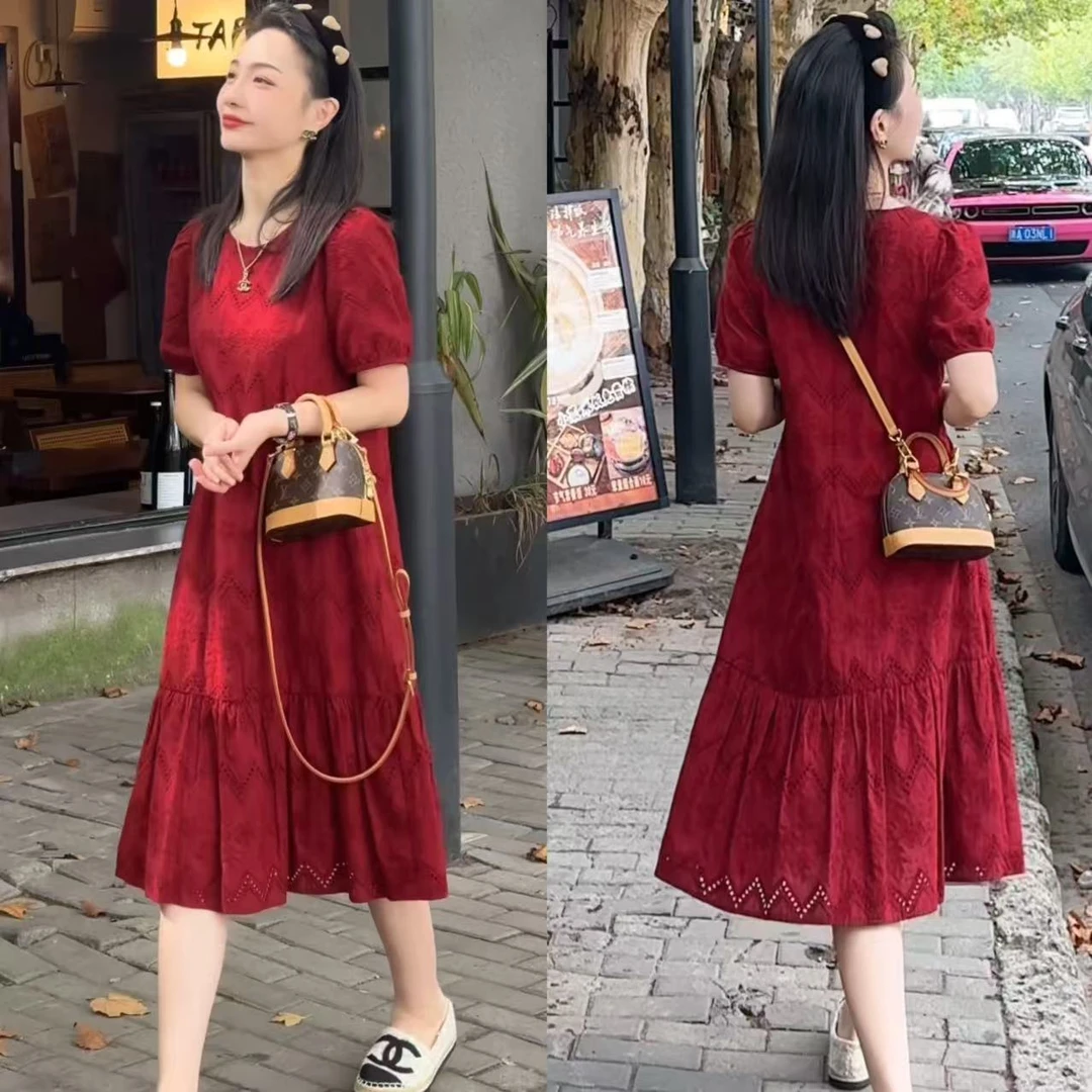 ROBELLE波尔多红简单大方显瘦法式的A字型连衣裙宽松连衣裙