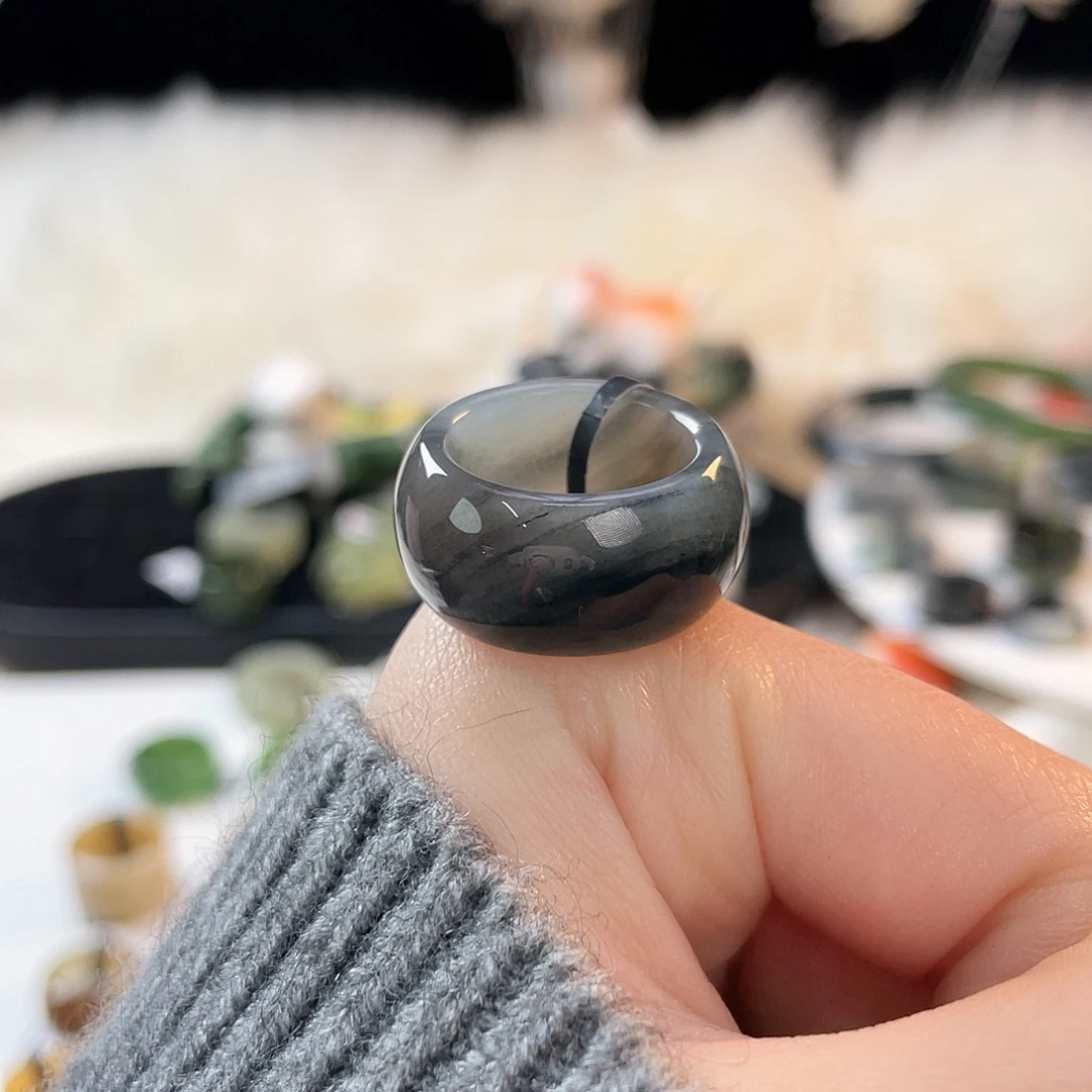 和田玉未镶嵌戒指k41 黑青花墩墩16.9mm