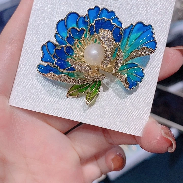 锆石铜合金牡丹花胸针 蓝色