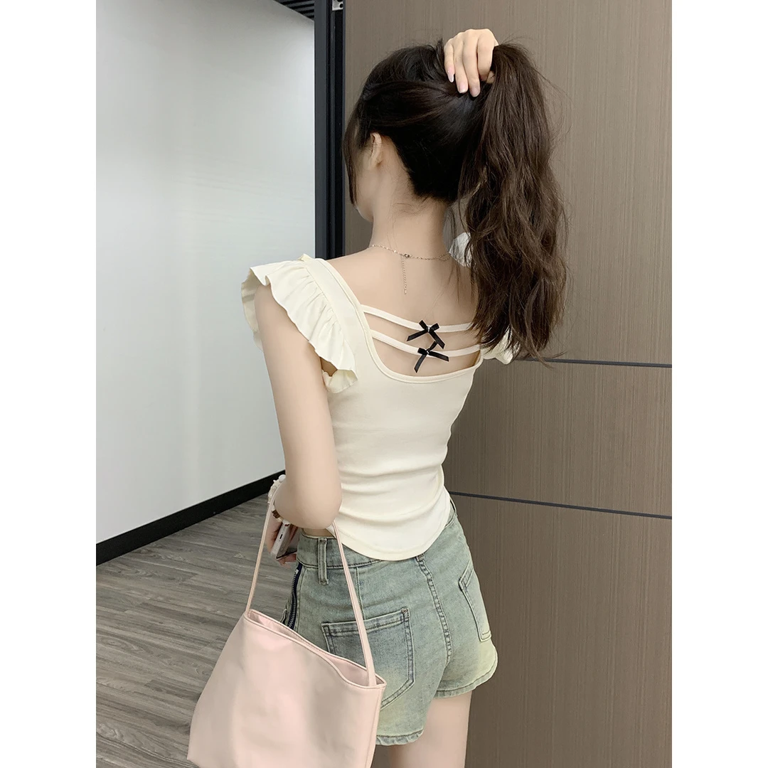 韩版露背蝴蝶结设计感短袖恤女夏季新款弧形下摆飞飞袖潮流上衣