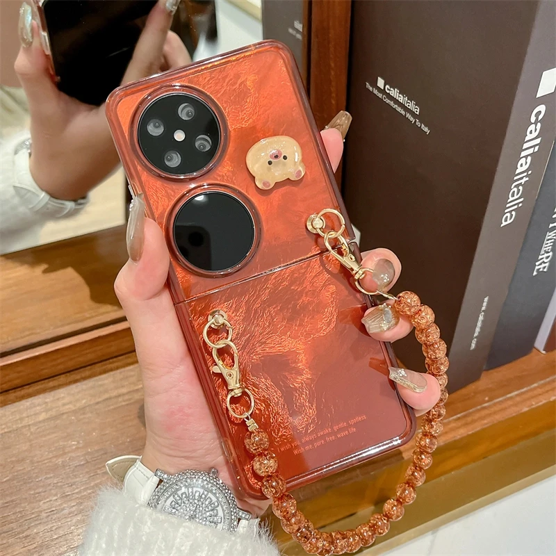 适用华为pocket2手机壳锡纸纹pocketS折叠屏圆珠手带女款保护套