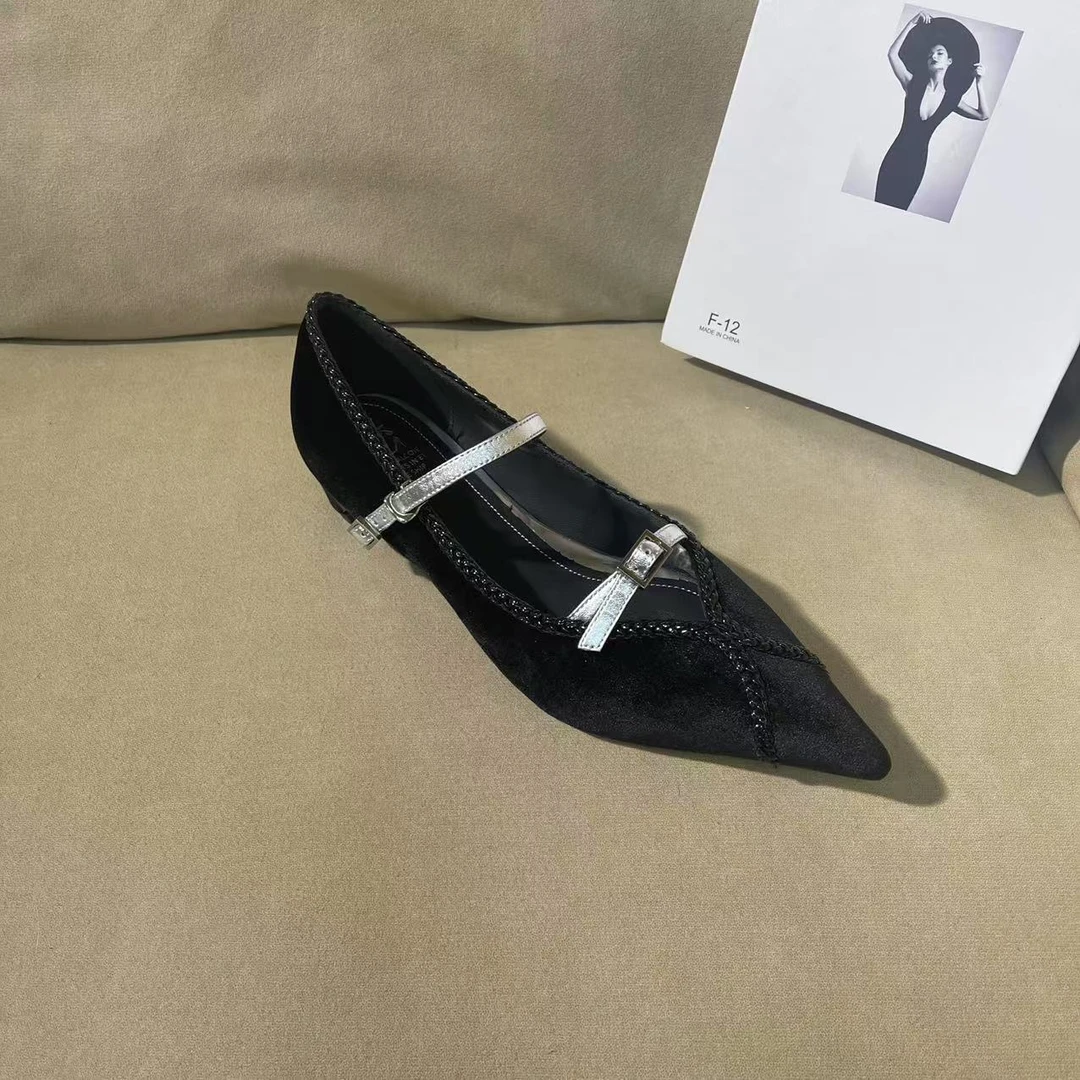 1096【豆蔻黑】春款真丝绒气质尖头法式编织低跟浅口手工单鞋A【2cm】