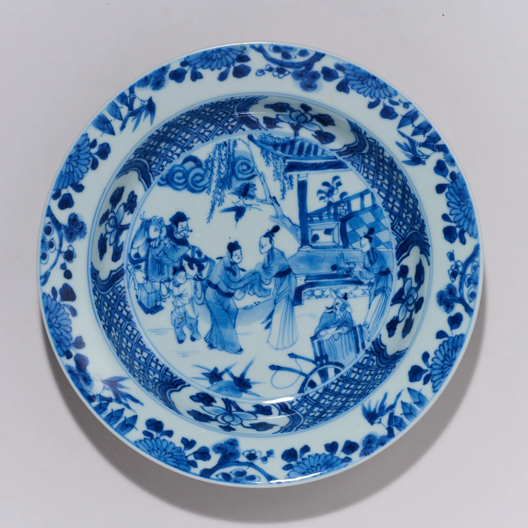 5216清康熙·青花张生进京赶考图盘【古董拍卖】
