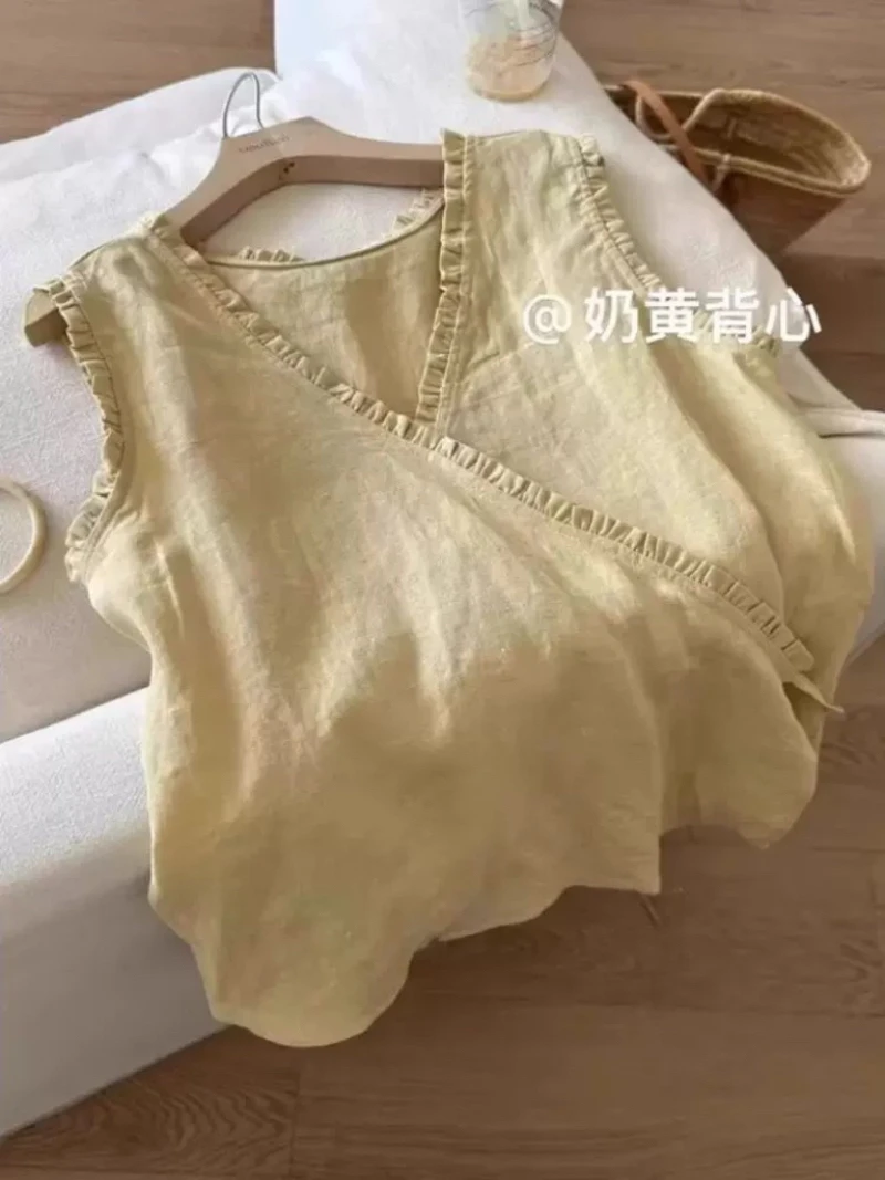 韩版百搭小众V领木耳边无袖背心女夏季休闲别致上衣