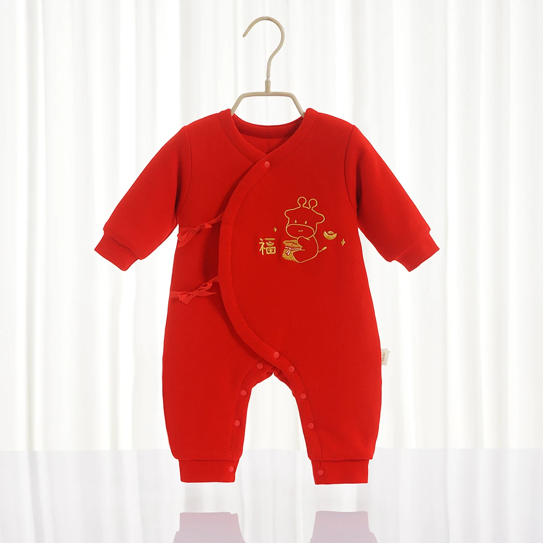 婴儿连体加厚满月服喜庆红色舒绒棉宝宝保暖秋冬哈衣婴幼儿爬服