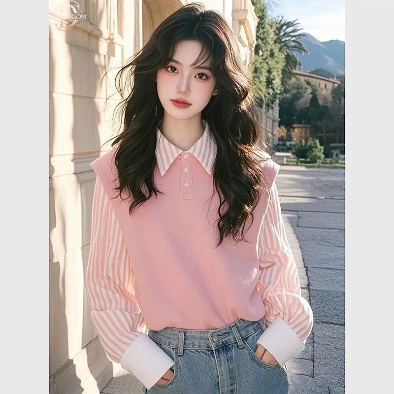 今年流行爆款超好看独特漂亮洋气减龄设计感粉色条纹拼接polo衫春