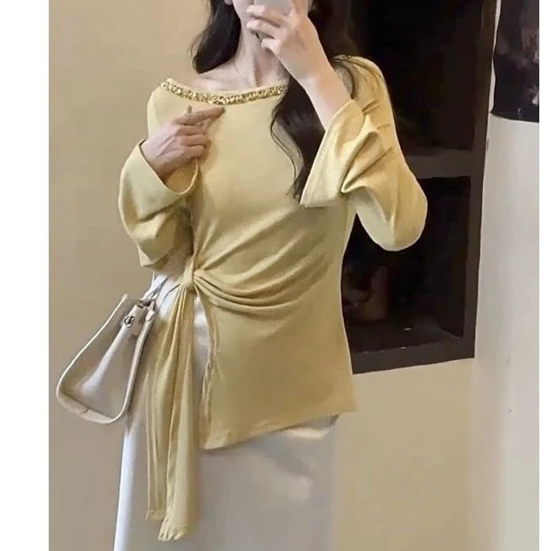 176 高级时尚设计感烫钻长袖T恤显瘦纯欲上衣（D13）