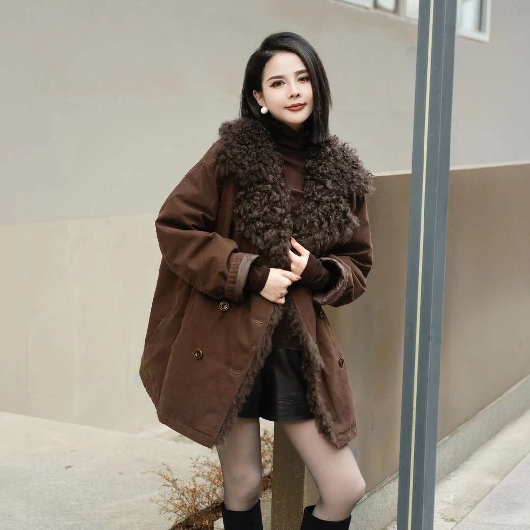 POPULARYW【陨石拿铁】休闲宽松拼接翻领卷毛冬季羽绒服外套