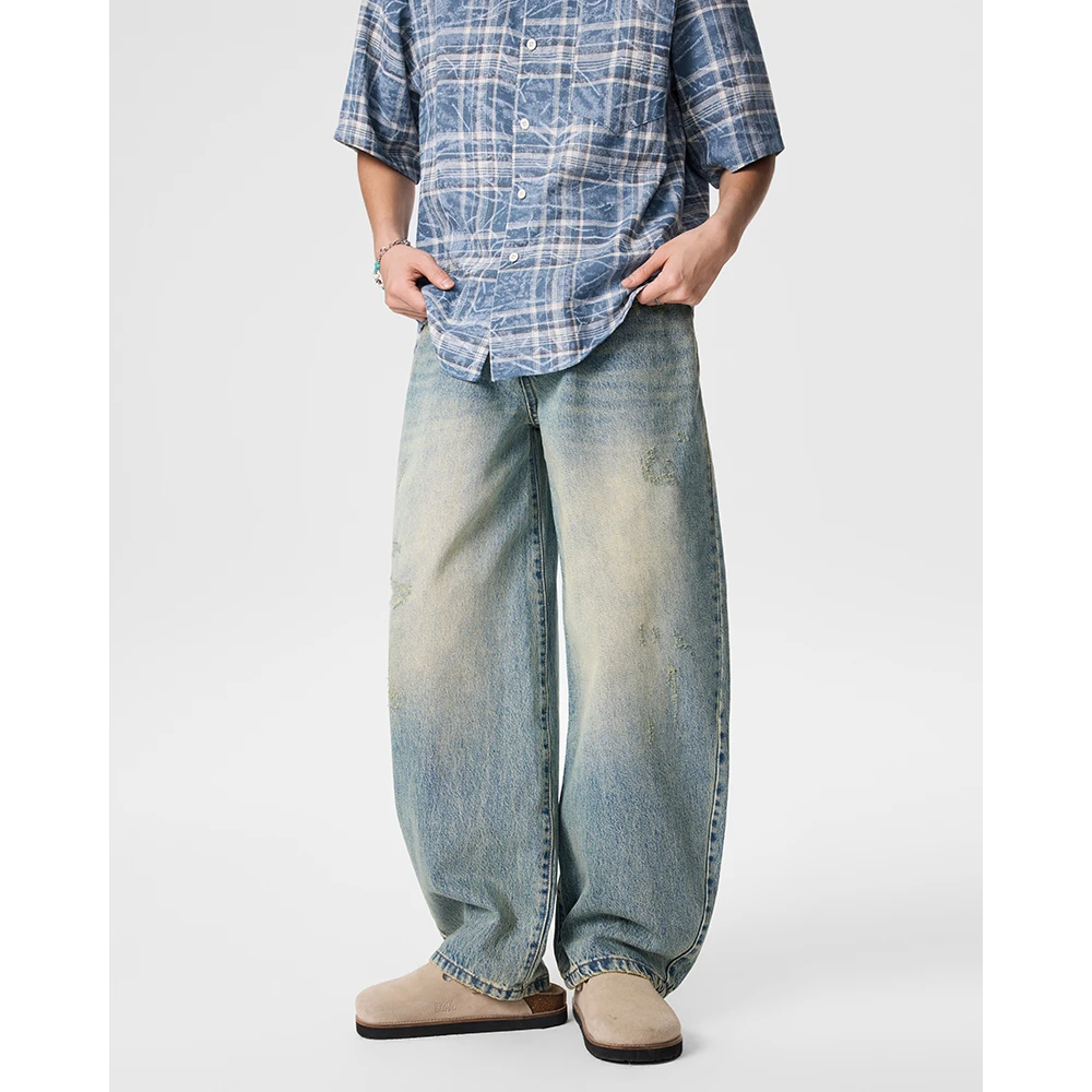 Kuvine春季新款复古潮牌水洗宽松弯刀裤刮烂设计款高级感牛仔裤男