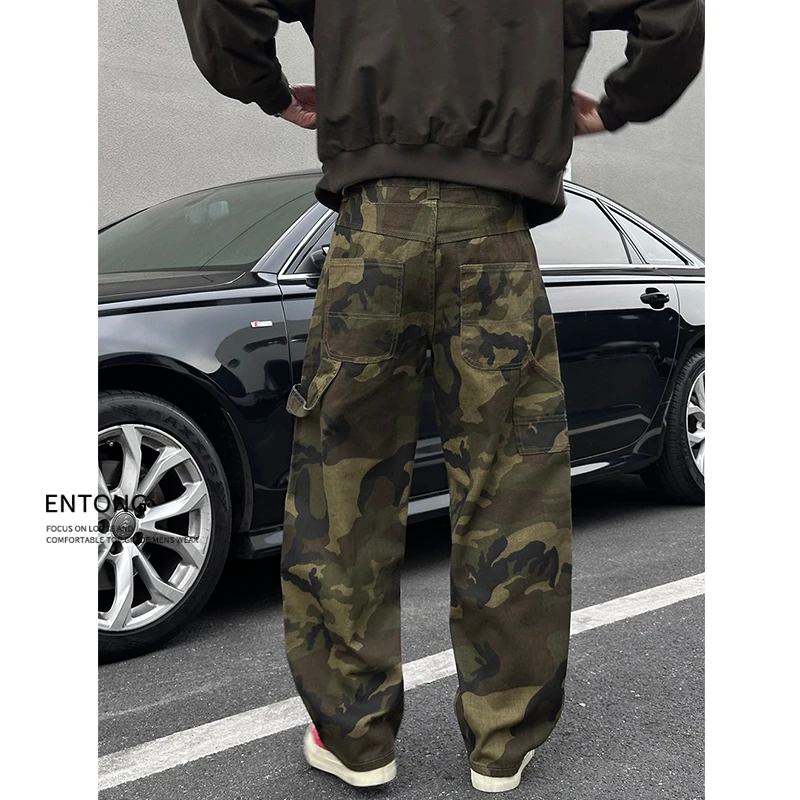 Entong美式迷彩工装牛仔裤男款弯刀a字宽松阔腿裤子百搭痞帅长裤