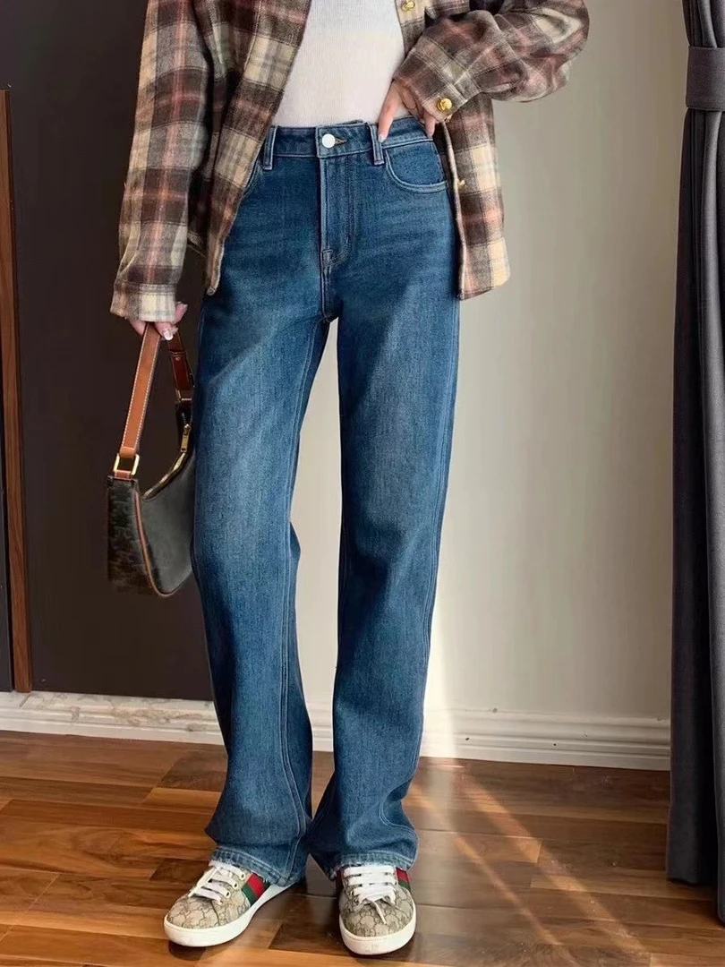 福利款NO退NO换 侧线前移显瘦内加绒宽腿直筒牛仔裤