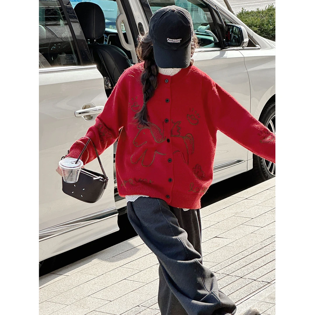 K30461小马提花女童毛衣外套2025新款秋冬装儿童针织开衫红色年装