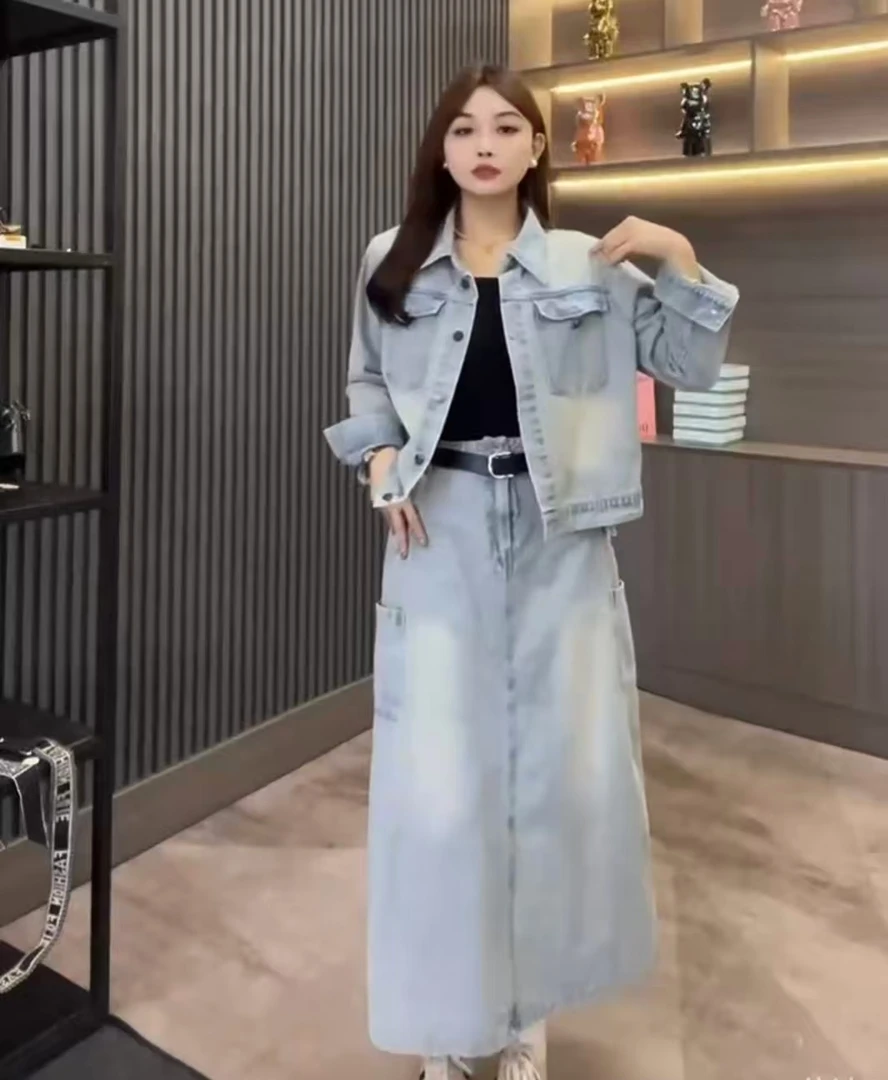 25年早秋新款洋气百搭极简风显瘦牛仔上衣+半身裙套装6813