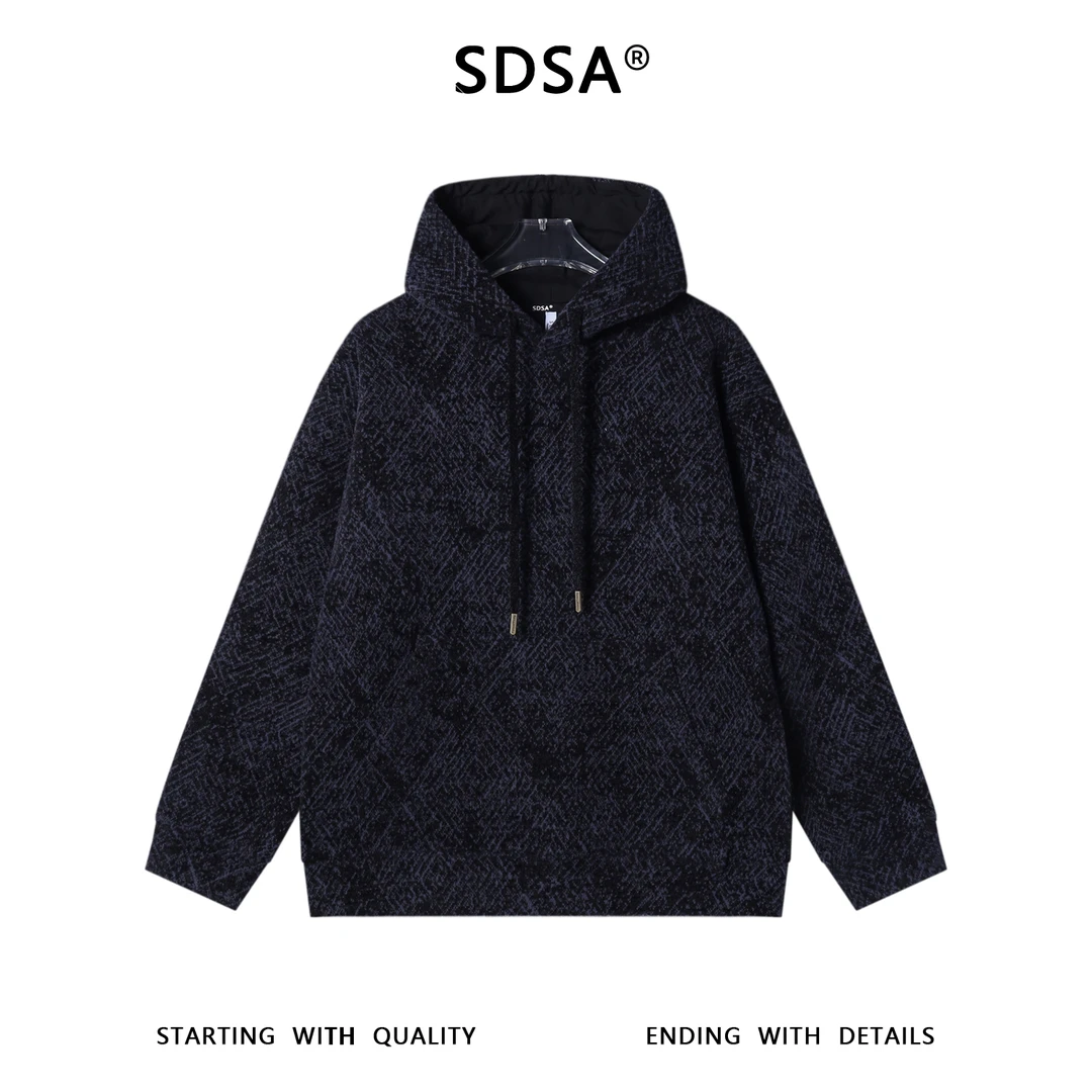 SDSA男士秋冬新款痞帅男装潮牌撞色菱形格抽绳连帽卫衣百搭宽松