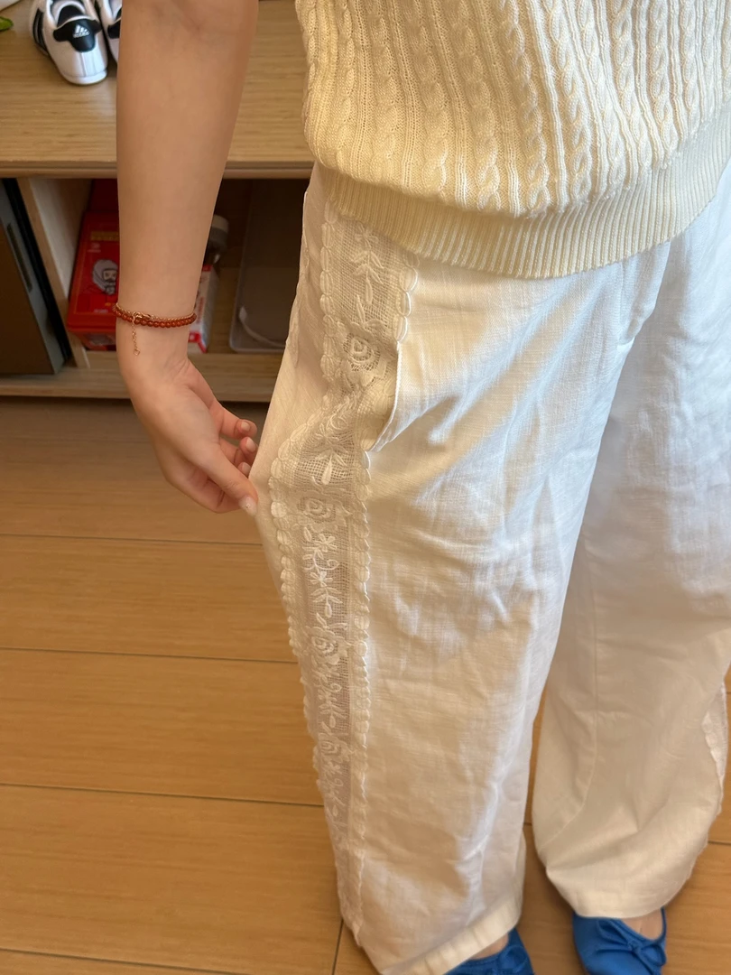 【羊陈通】*舒适小裤*夏季白色刺绣蕾丝棉麻阔腿裤女高腰宽松休闲裤