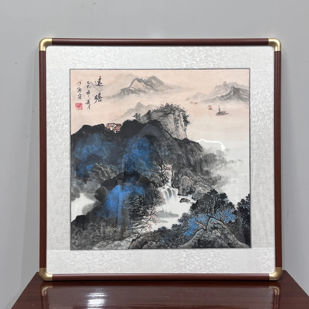 纯手绘斗方90*90远瞻山水画餐厅玄关客厅挂画茶室中式国画