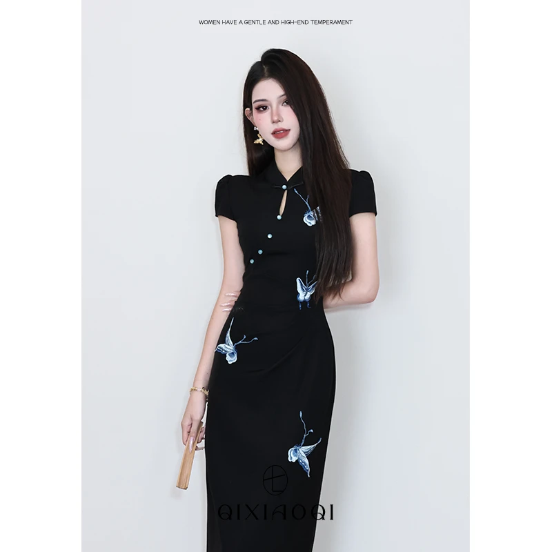 七小七Sicily【暗夜蝶语 长款】新中式蓝色蝴蝶设计感旗袍裙女夏