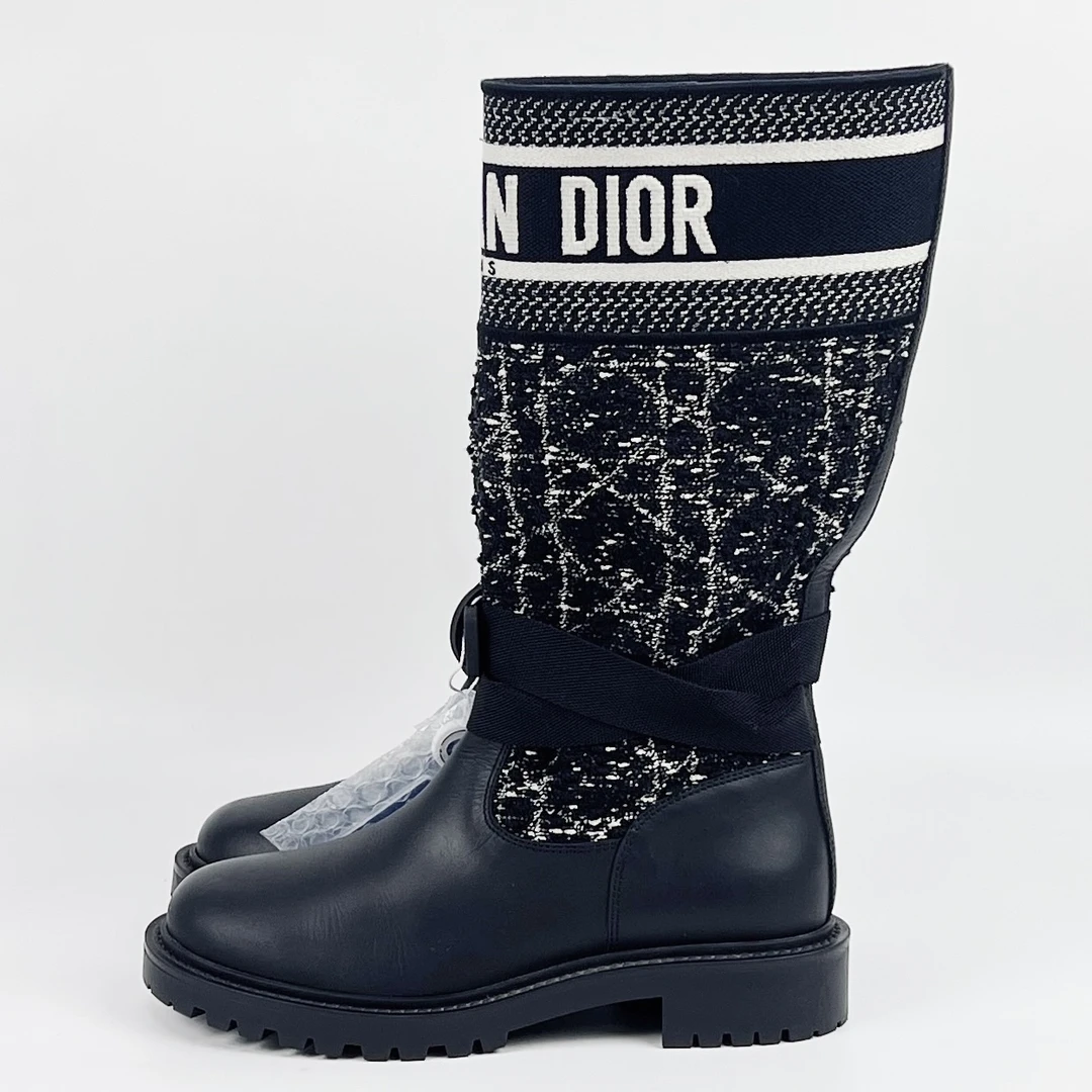 95新 DIOR/迪奥 37.5码  黑色格纹粗花昵靴子 jm3474
